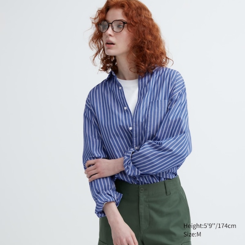 Uniqlo Extra Fine Bomulds Broadcloth Long-Sleeve Skjorte Dame Blå | 4120-JYKFL