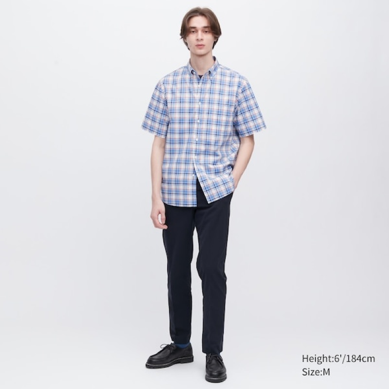 Uniqlo Extra Fine Bomulds Kort-Sleeve Skjorte Herre Blå | 3708-NWYHA