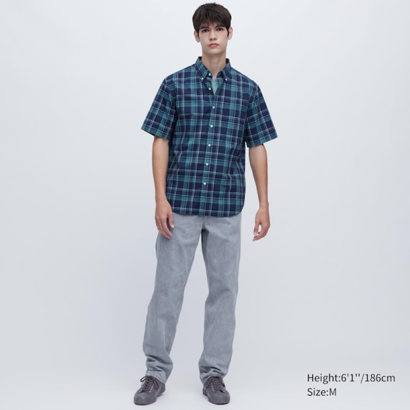 Uniqlo Extra Fine Bomulds Kort-Sleeve Skjorte Herre Blå | 7425-QMYTK