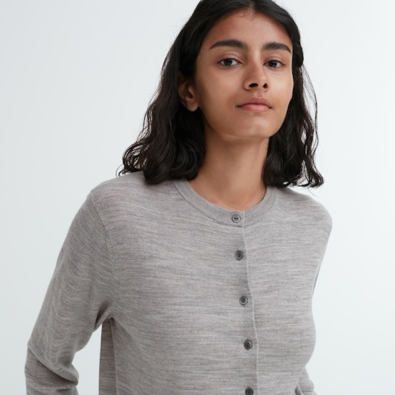 Uniqlo Extra Fine Merino Crew Neck Cardigan Dame Grå | 7214-EYIQV