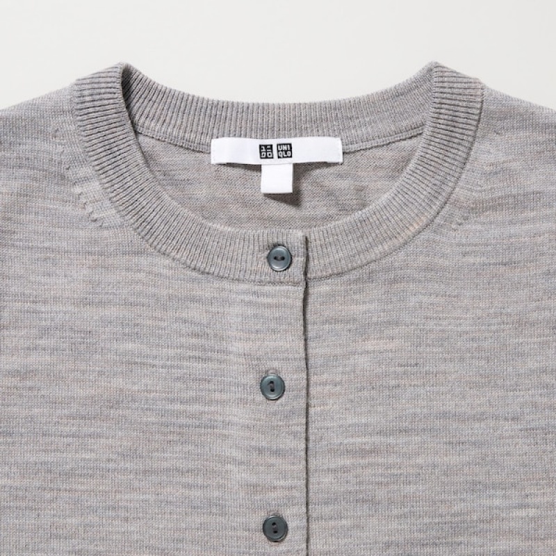 Uniqlo Extra Fine Merino Crew Neck Cardigan Dame Grå | 7214-EYIQV