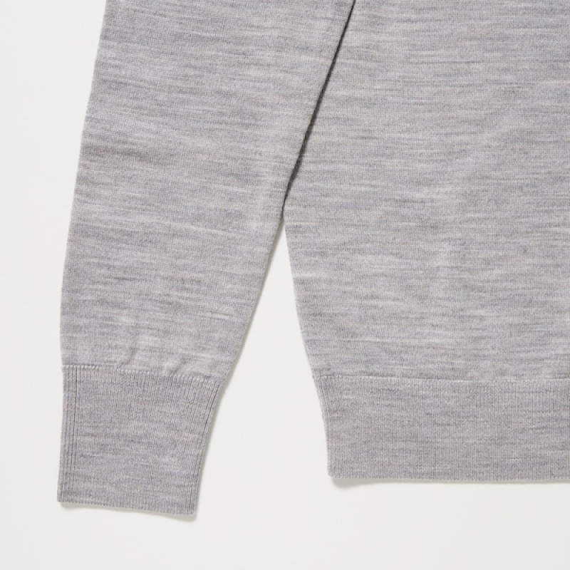 Uniqlo Extra Fine Merino Crew Neck Cardigan Dame Grå | 7214-EYIQV