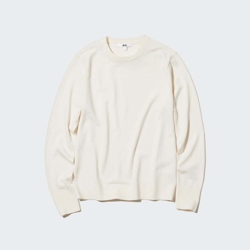 Uniqlo Extra Fine Merino Crew Neck Long-Sleeve Trøjer Dame Hvide | 5241-OCZKW