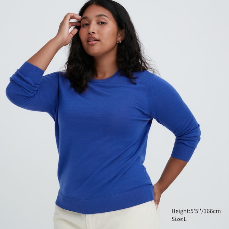 Uniqlo Extra Fine Merino Crew Neck Long-Sleeve Trøjer Dame Blå | 4729-YQGCT