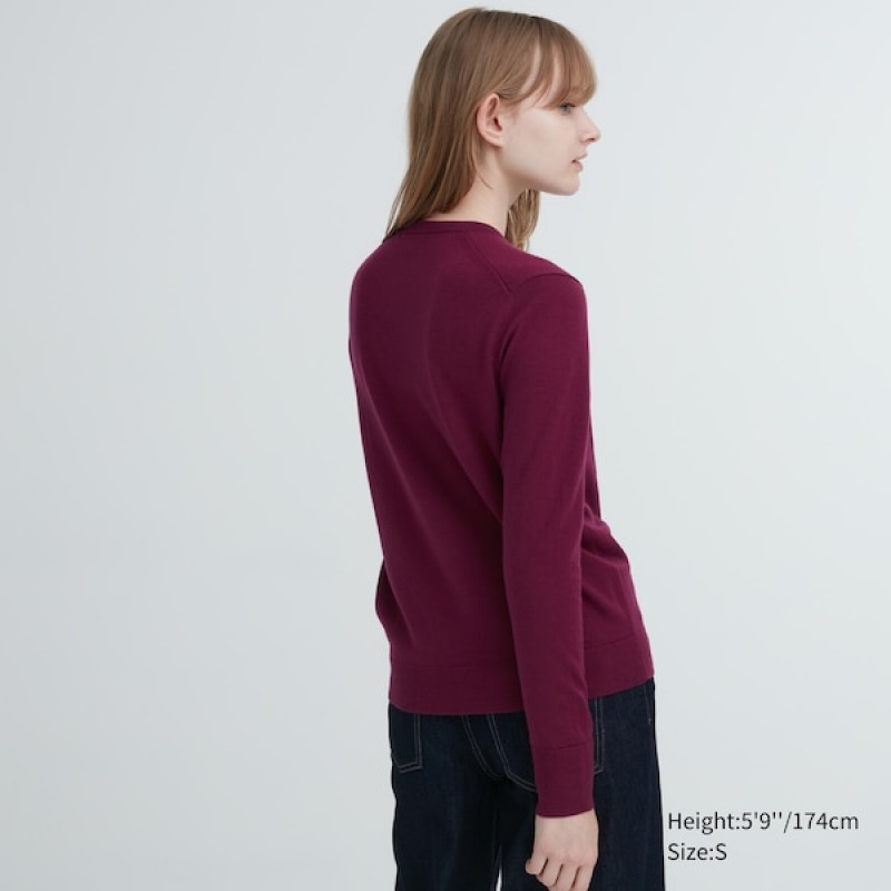 Uniqlo Extra Fine Merino Crew Neck Long-Sleeve Trøjer Dame Bordeaux | 1395-SKLRM