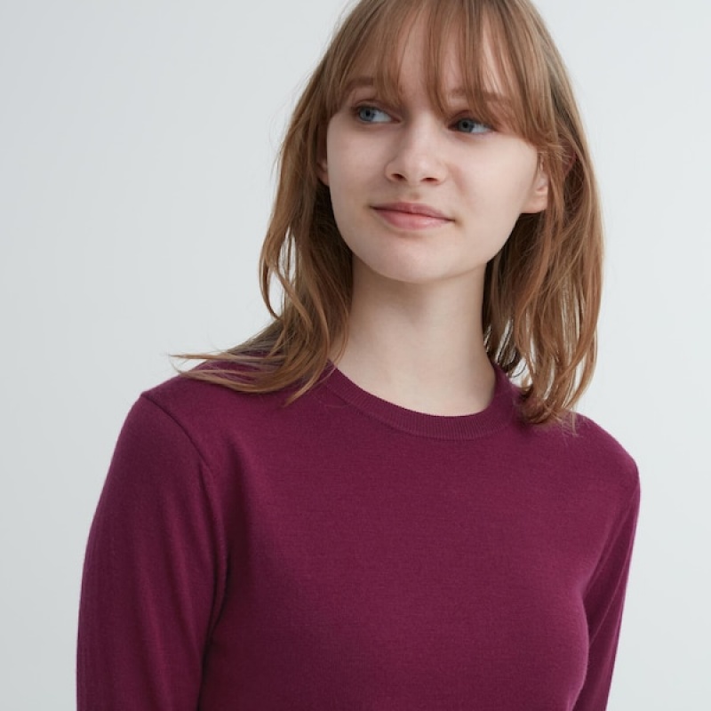 Uniqlo Extra Fine Merino Crew Neck Long-Sleeve Trøjer Dame Bordeaux | 1395-SKLRM