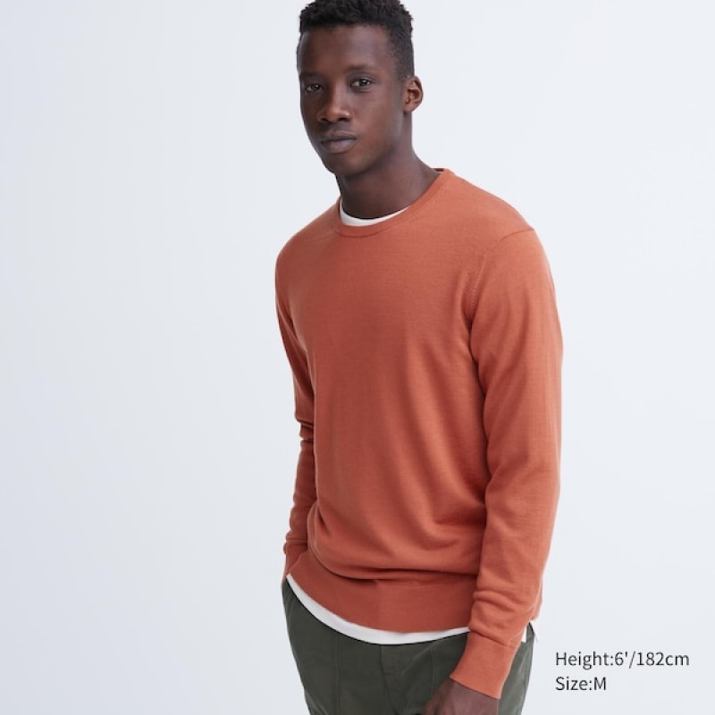 Uniqlo Extra Fine Merino Crew Neck Trøjer Herre Orange | 9387-UTSZI