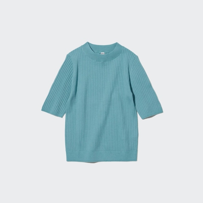 Uniqlo Extra Fine Merino Ribbet Half-Sleeve Kort Trøjer Dame Grøn | 8967-HRCLG