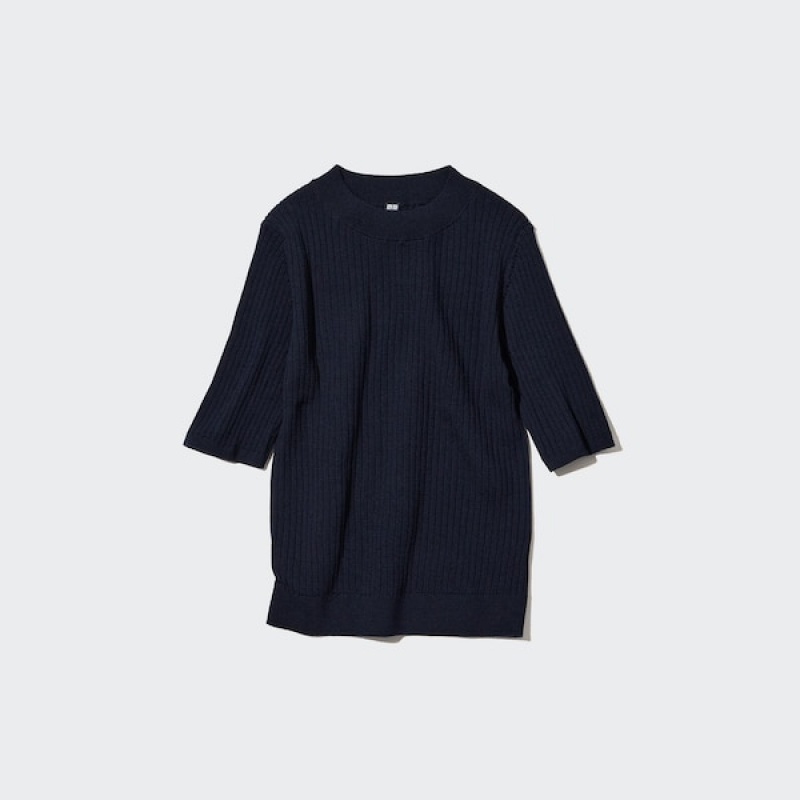 Uniqlo Extra Fine Merino Ribbet Half-Sleeve Kort Trøjer Dame Mørkeblå | 3269-VSYKN