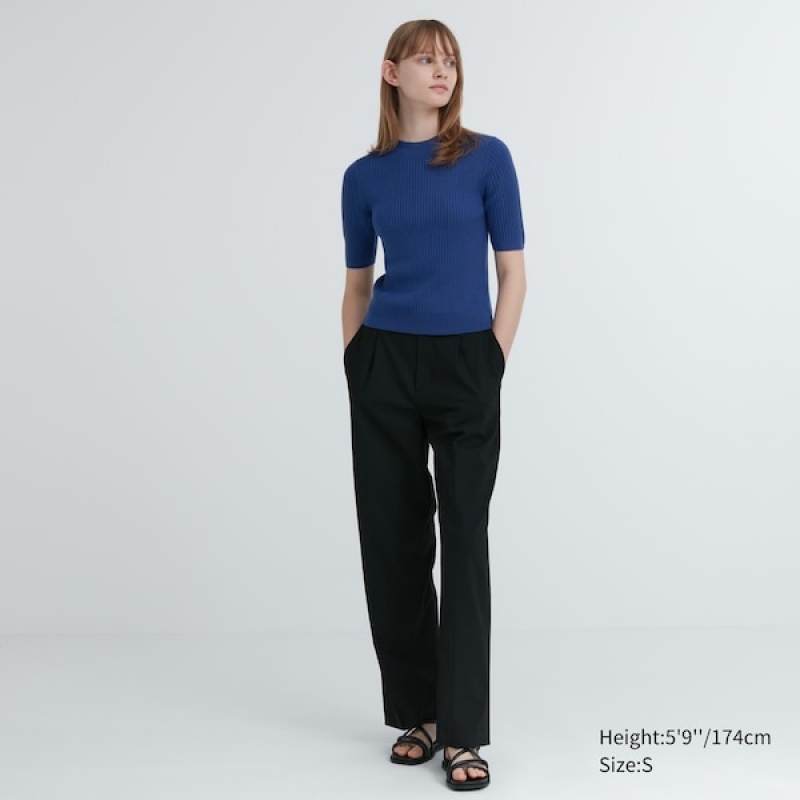 Uniqlo Extra Fine Merino Ribbet Mock Neck Half-Sleeve Trøjer Dame Blå | 6824-APWZM