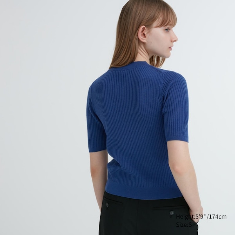 Uniqlo Extra Fine Merino Ribbet Mock Neck Half-Sleeve Trøjer Dame Blå | 6824-APWZM