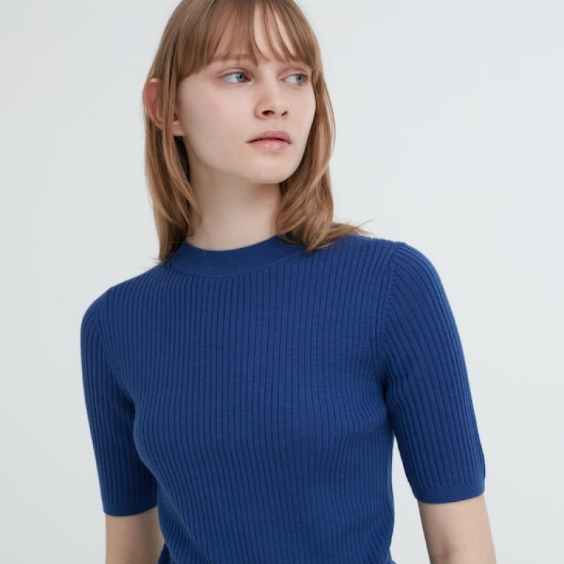 Uniqlo Extra Fine Merino Ribbet Mock Neck Half-Sleeve Trøjer Dame Blå | 6824-APWZM