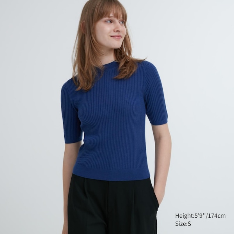 Uniqlo Extra Fine Merino Ribbet Mock Neck Half-Sleeve Trøjer Dame Blå | 6824-APWZM