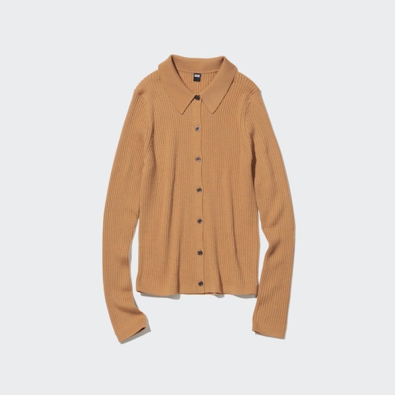 Uniqlo Extra Fine Merino Ribbet Polo Cardigan Dame Brune | 3507-MUVPN