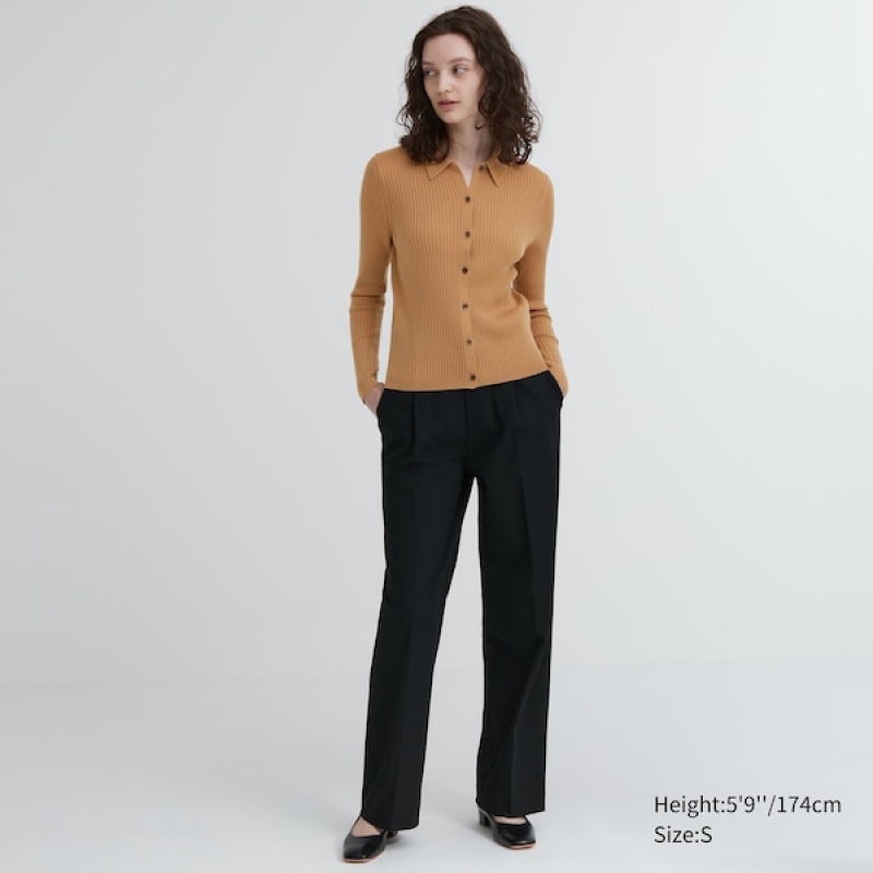 Uniqlo Extra Fine Merino Ribbet Polo Cardigan Dame Brune | 3507-MUVPN