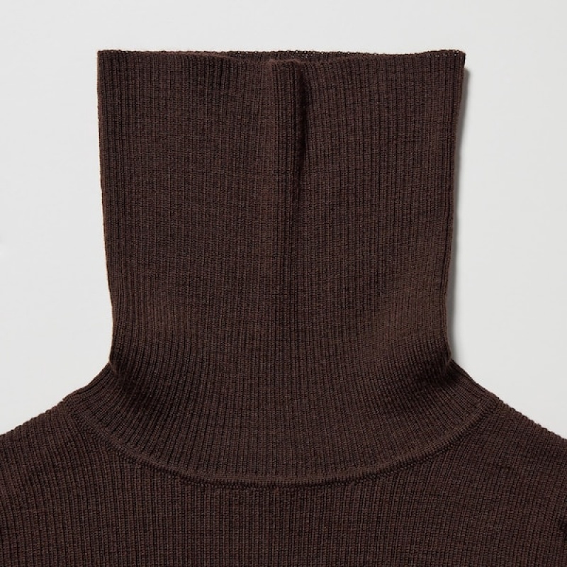 Uniqlo Extra Fine Merino Ribbet Turtleneck Long-Sleeve Trøjer Dame Chokolade | 4359-ZCQTJ