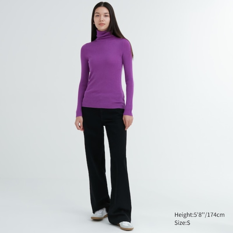 Uniqlo Extra Fine Merino Ribbet Turtleneck Long-Sleeve Trøjer Dame Lilla | 6532-KYDLN