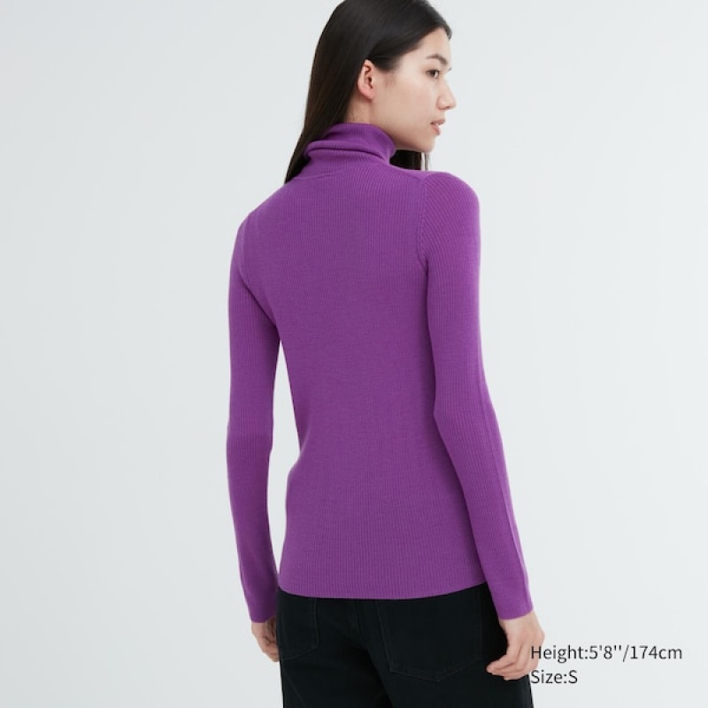 Uniqlo Extra Fine Merino Ribbet Turtleneck Long-Sleeve Trøjer Dame Lilla | 6532-KYDLN