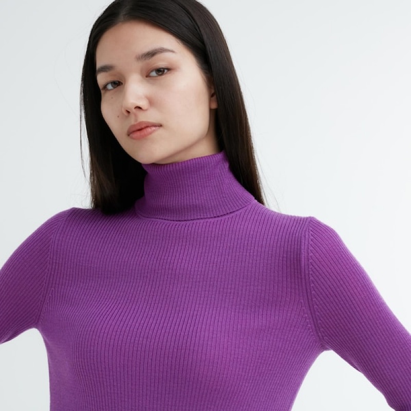 Uniqlo Extra Fine Merino Ribbet Turtleneck Long-Sleeve Trøjer Dame Lilla | 6532-KYDLN