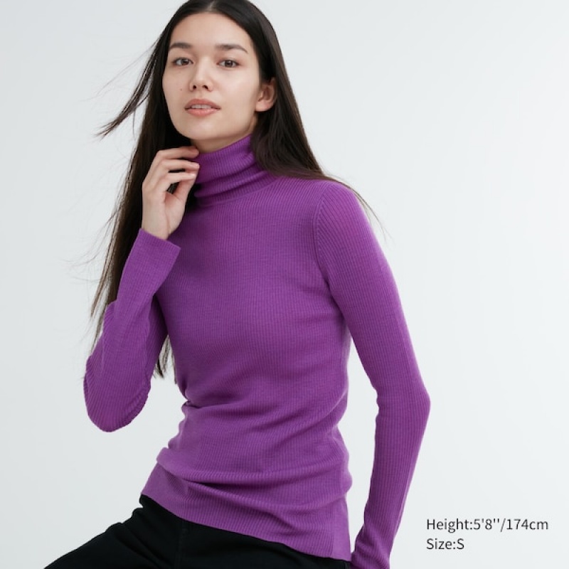 Uniqlo Extra Fine Merino Ribbet Turtleneck Long-Sleeve Trøjer Dame Lilla | 6532-KYDLN