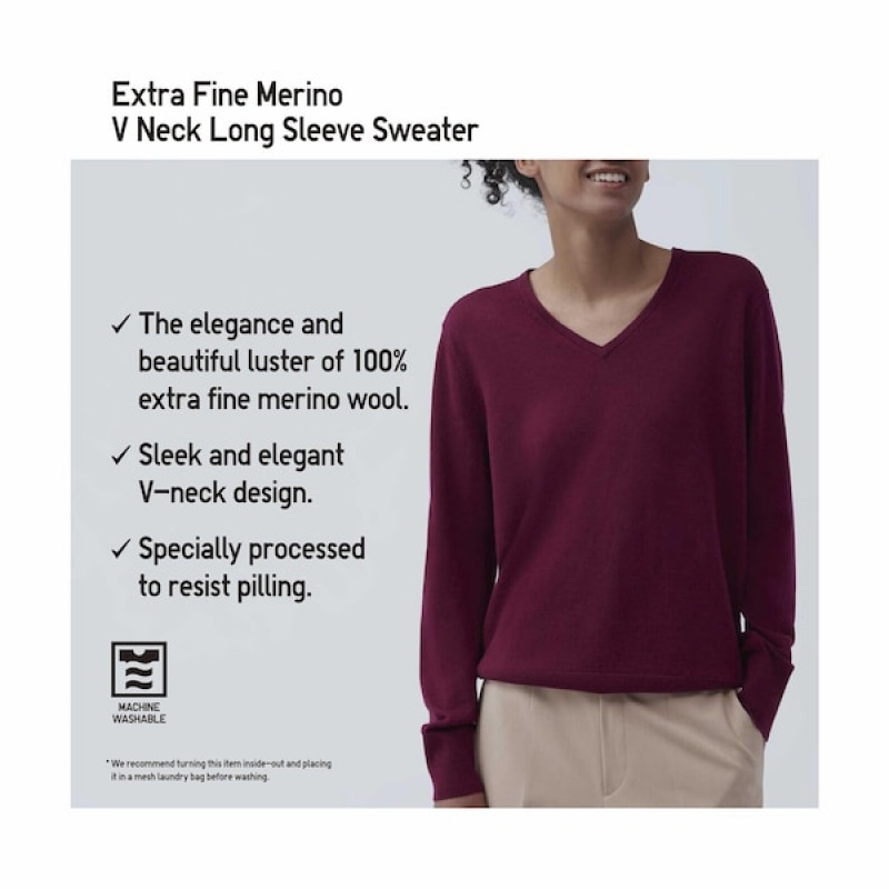 Uniqlo Extra Fine Merino V-Neck Long-Sleeve Trøjer Dame Bordeaux | 0521-VZYAK