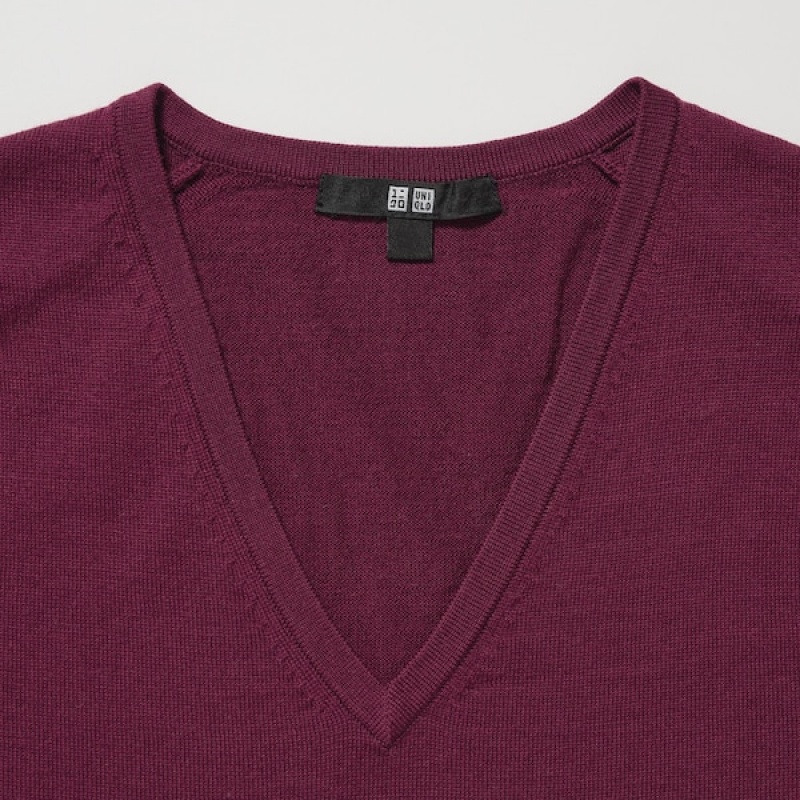 Uniqlo Extra Fine Merino V-Neck Long-Sleeve Trøjer Dame Bordeaux | 0521-VZYAK