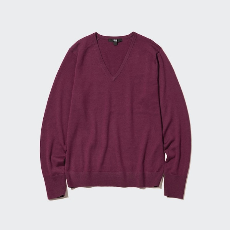 Uniqlo Extra Fine Merino V-Neck Long-Sleeve Trøjer Dame Bordeaux | 0521-VZYAK