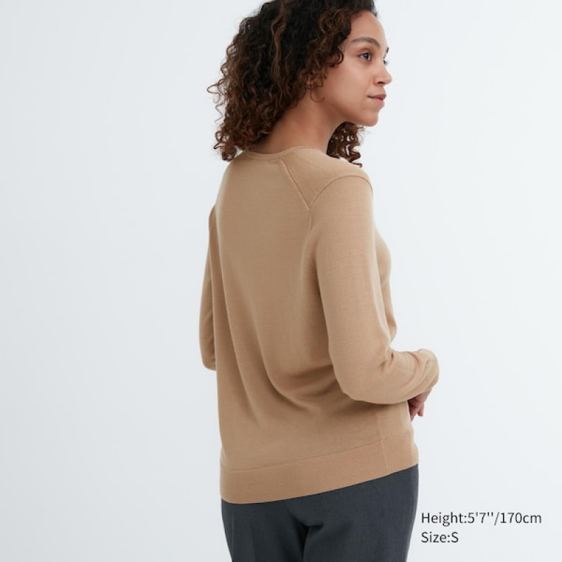 Uniqlo Extra Fine Merino V-Neck Long-Sleeve Trøjer Dame Beige | 4762-DRHQE