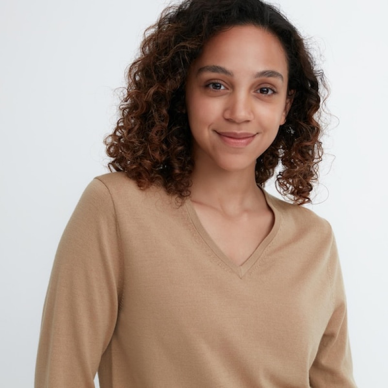 Uniqlo Extra Fine Merino V-Neck Long-Sleeve Trøjer Dame Beige | 4762-DRHQE