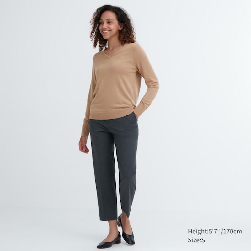 Uniqlo Extra Fine Merino V-Neck Long-Sleeve Trøjer Dame Beige | 4762-DRHQE