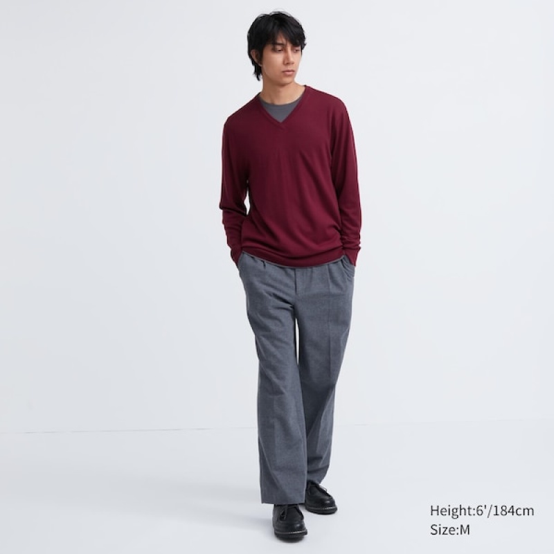 Uniqlo Extra Fine Merino V-Neck Trøjer Herre Bordeaux | 3608-YIHJV