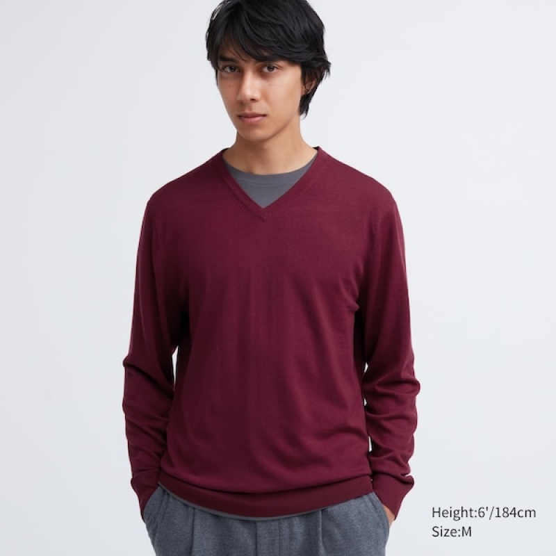 Uniqlo Extra Fine Merino V-Neck Trøjer Herre Bordeaux | 3608-YIHJV