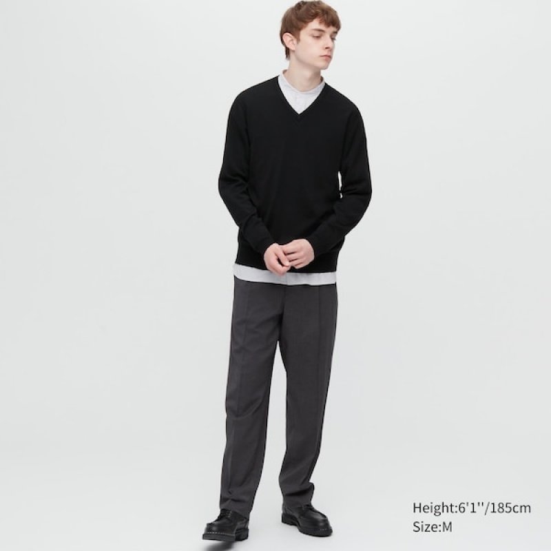 Uniqlo Extra Fine Merino V-Neck Trøjer Herre Sort | 3618-NPJDB