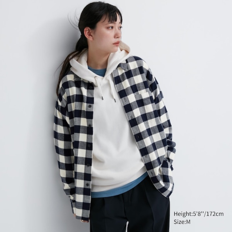 Uniqlo Flannel Checked Long-Sleeve Skjorte Dame Blå | 6548-PSKUH