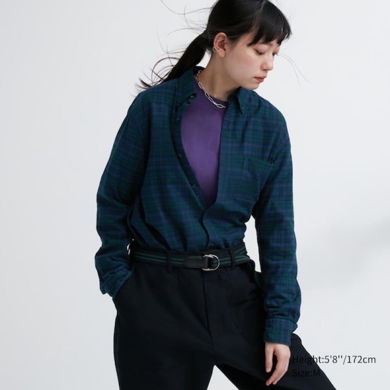 Uniqlo Flannel Checked Long-Sleeve Skjorte Dame Mørkegrøn | 8604-PFTGU