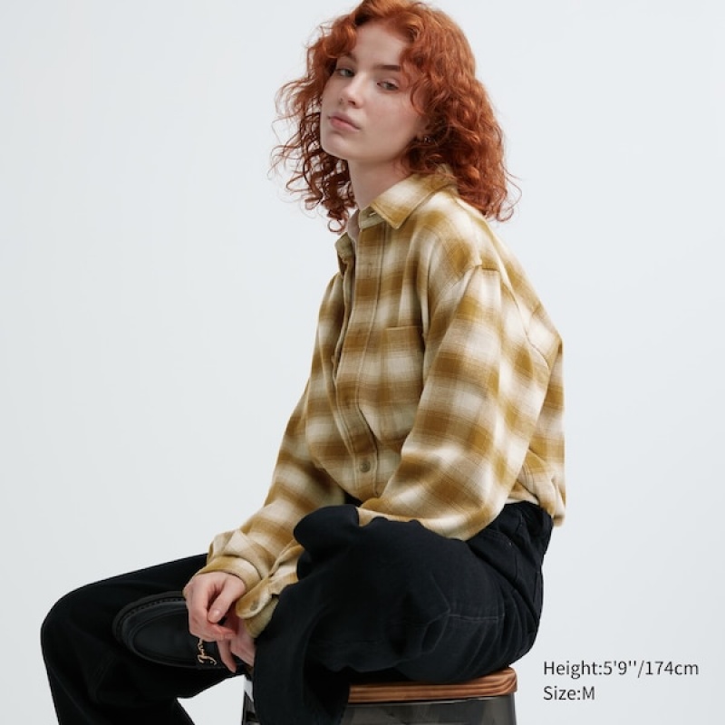 Uniqlo Flannel Checked Long-Sleeve Skjorte Dame Gul | 6287-ZVQTF