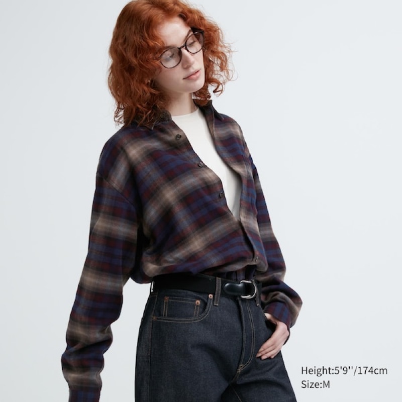 Uniqlo Flannel Checked Long-Sleeve Skjorte Dame Bordeaux | 0851-ALVOX