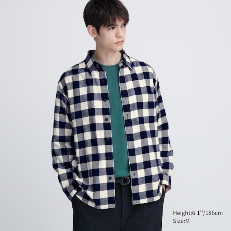 Uniqlo Flannel Checked Long-Sleeve Skjorte Herre Blå | 9801-VEWNU