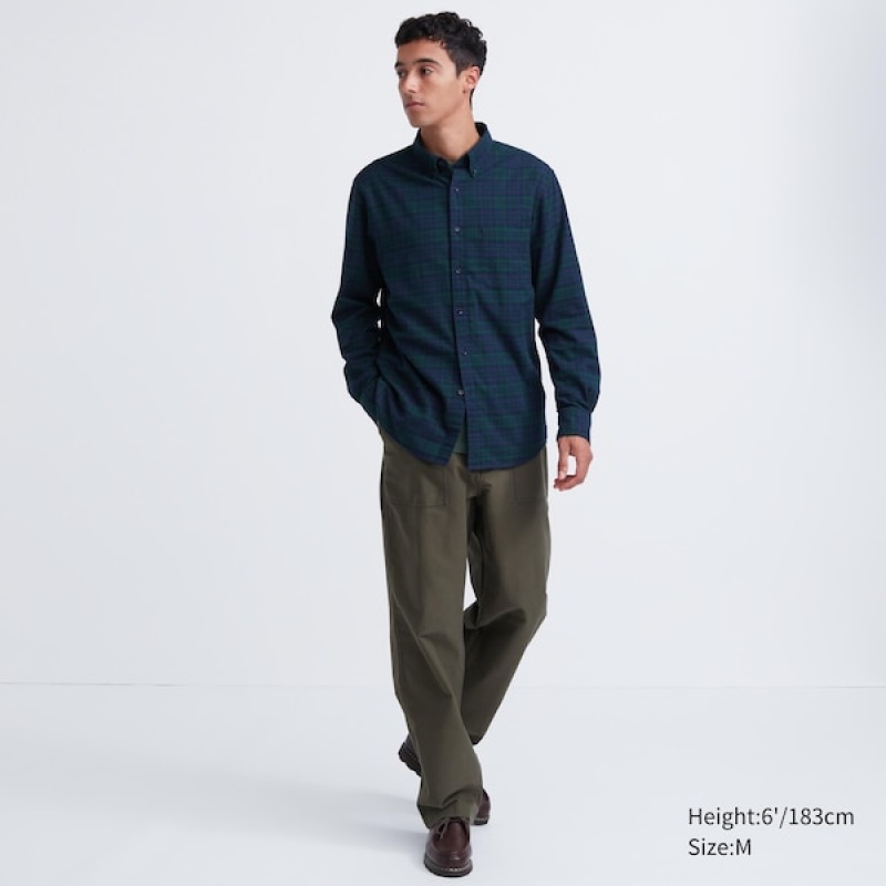 Uniqlo Flannel Checked Long-Sleeve Skjorte Herre Mørkegrøn | 6102-ZAVJS