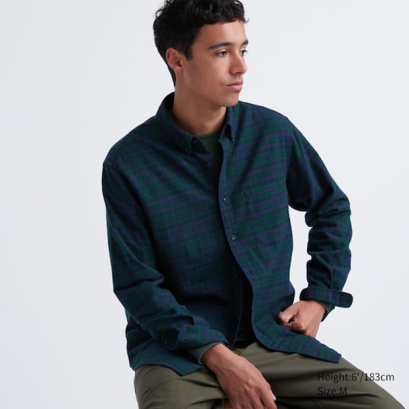 Uniqlo Flannel Checked Long-Sleeve Skjorte Herre Mørkegrøn | 6102-ZAVJS