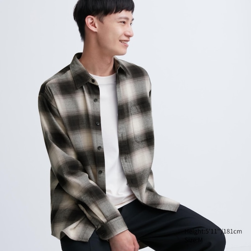 Uniqlo Flannel Checked Long-Sleeve Skjorte Herre Sort | 1924-RYADU