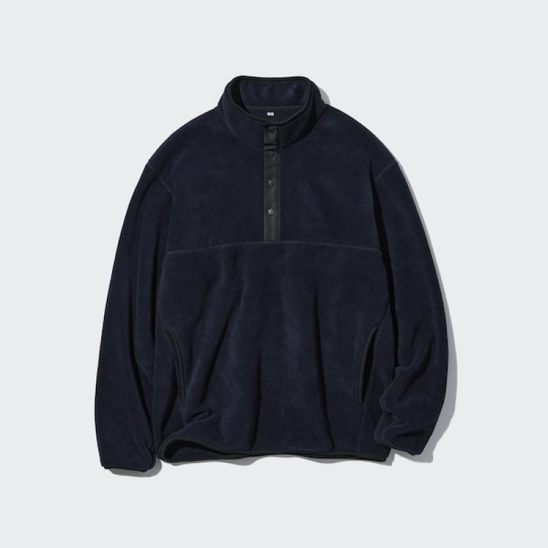 Uniqlo Fleece Button Up Long-Sleeve Pullover Herre Mørkeblå | 7130-GUOEZ