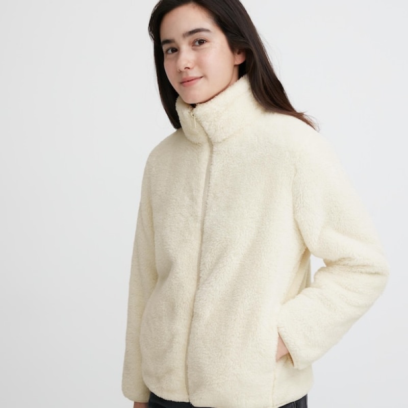 Uniqlo Fluffy Yarn Fleece Full-Zip jackets Dame Hvide | 5140-VXPBM