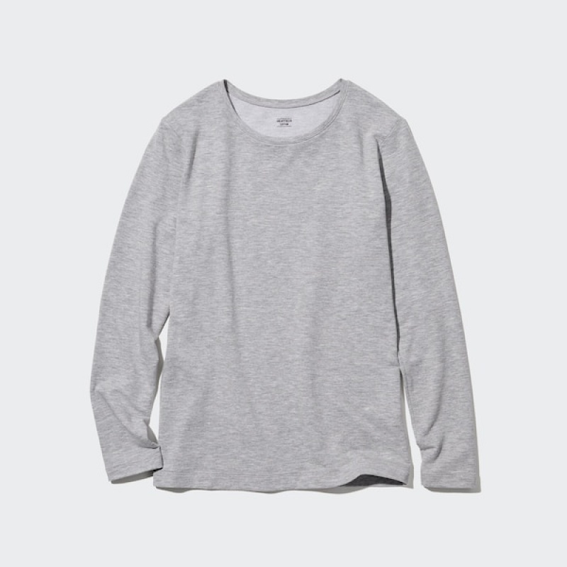 Uniqlo HEATTECH Bomulds Crew Neck Long-Sleeve T Shirts Dame Mørkegrå | 3724-ZMQNS