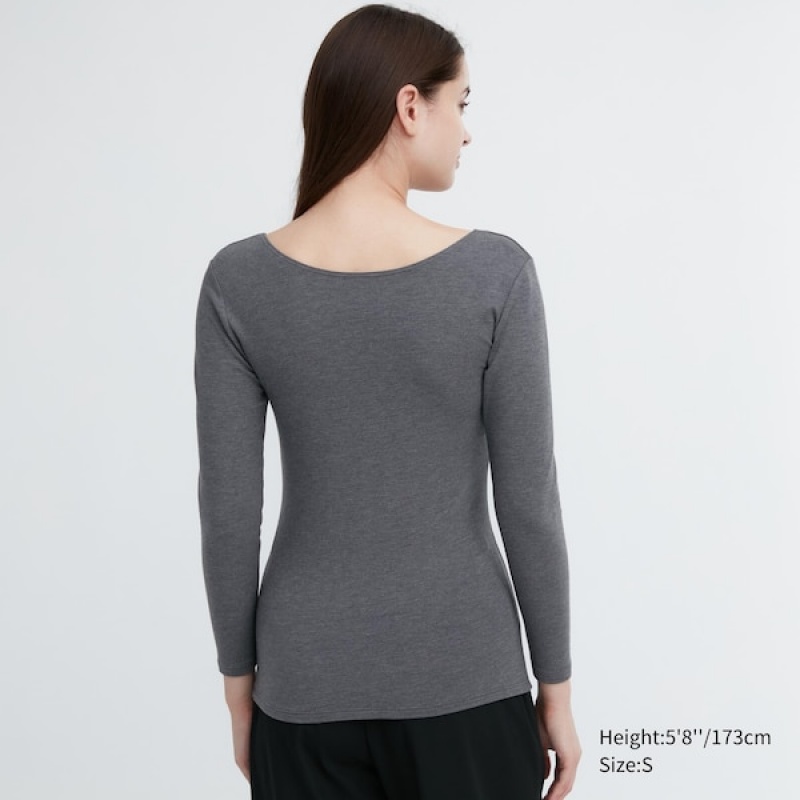 Uniqlo HEATTECH Bomulds Scoop Neck Long-Sleeve T Shirts Dame Mørkegrå | 0792-XGZRN