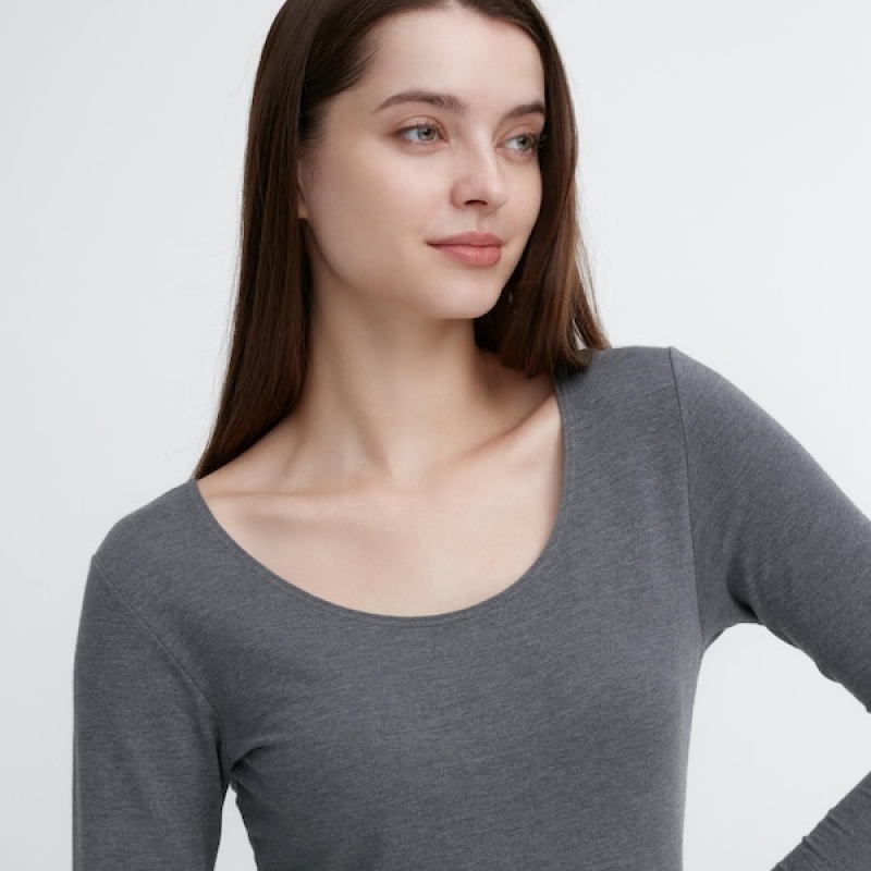 Uniqlo HEATTECH Bomulds Scoop Neck Long-Sleeve T Shirts Dame Mørkegrå | 0792-XGZRN