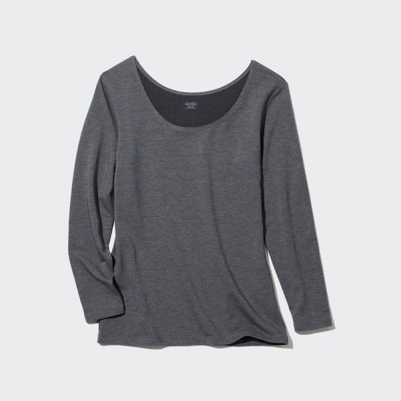 Uniqlo HEATTECH Bomulds Scoop Neck Long-Sleeve T Shirts Dame Mørkegrå | 0792-XGZRN