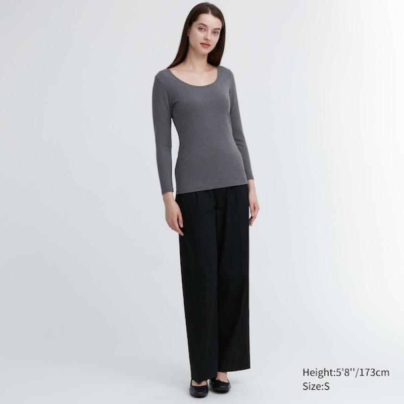 Uniqlo HEATTECH Bomulds Scoop Neck Long-Sleeve T Shirts Dame Mørkegrå | 0792-XGZRN