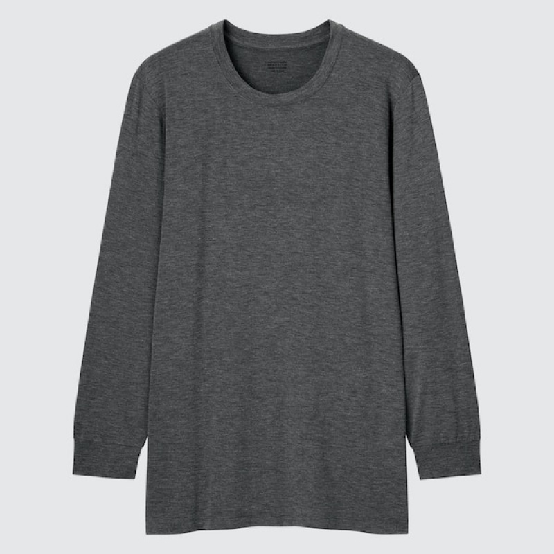 Uniqlo HEATTECH Crew Neck Long-Sleeve T Shirts Herre Grå | 1639-BSHZY