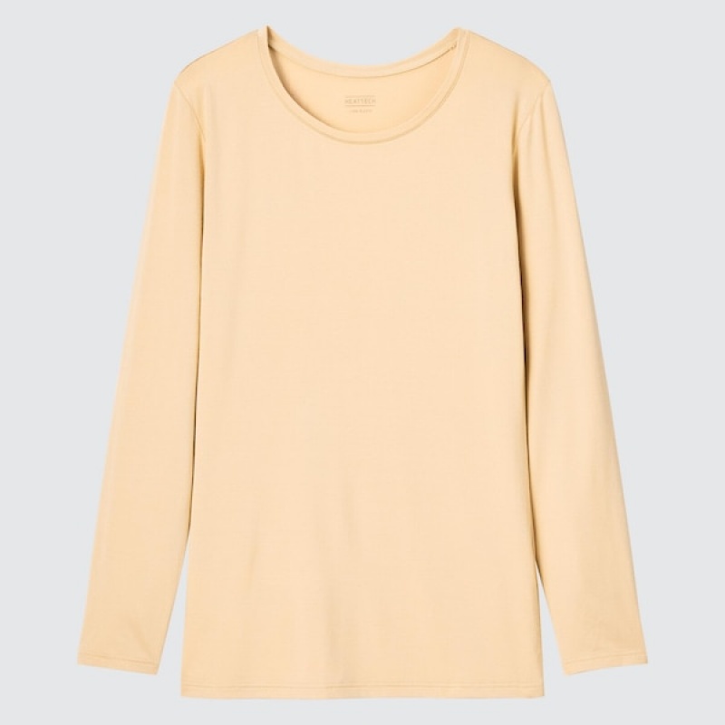 Uniqlo HEATTECH Crew Neck Long-Sleeve T Shirts Dame Beige | 2703-XCMZH